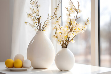 Home interior with easter decor. Pussy willow branches in a vase, white and yellow eggs on the white table.