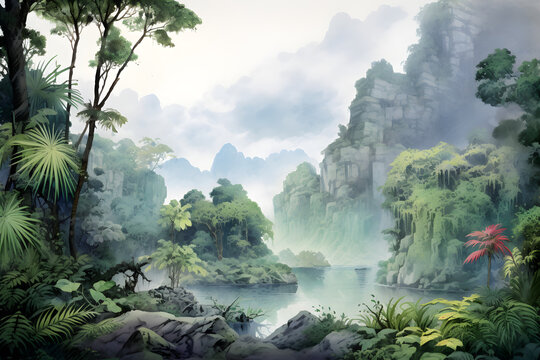 watercolour painting of the paradise landscape, a picturesque natural environment in soft harmonious colours