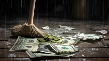Money bills on the floor and are left dirty, dusty, old, and being cleaned up as fiat money has no value. Hyperinflation, currencies collapse, economic and financial crisis concept - obrazy, fototapety, plakaty
