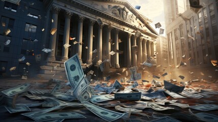 A bank building with bank notes collapsing down. Economic, banking, and fiat money crisis concept - obrazy, fototapety, plakaty