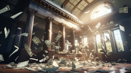 A bank building with bank notes collapsing down. Economic, banking, and fiat money crisis concept - obrazy, fototapety, plakaty
