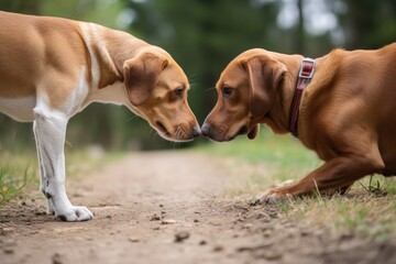 two dogs with different sizes sniffing each other - obrazy, fototapety, plakaty