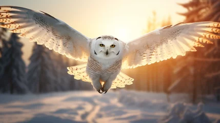 Fototapeten eagle owl in flight in rising sun © Mulazimhussain