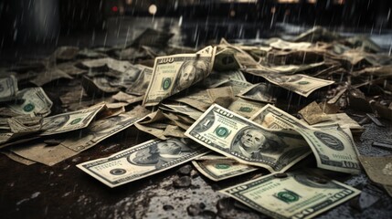 Money bills on wet street and are left dirty, dusty, and old as fiat money has no value. Hyperinflation, currencies collapse, economic and financial crisis concept - obrazy, fototapety, plakaty