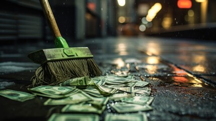 Money bills on the street and are left dirty, dusty, old, and being cleaned up as fiat money has no value. Hyperinflation, currencies collapse, economic and financial crisis concept
