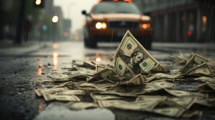 Money bills on wet street and are left dirty, dusty, and old as fiat money has no value. Hyperinflation, currencies collapse, economic and financial crisis concept