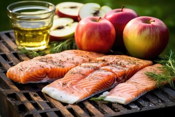 salmon fillet, apple quarters and bbq grill in the backdrop