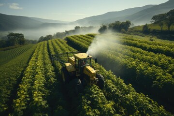 Farm worker driving tractor spraying green meadow 