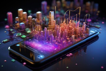 Isometric smart city background coming out of a phone display