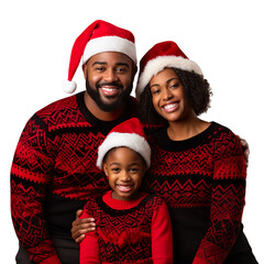 black african family in a Santa cap hat and a Christmas sweater isolated on a white transparent background