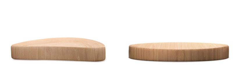 3D wooden podiums set isolated on white background. Vector realistic illustration of natural wood platforms for cosmetic products presentation, round and abstract shape stage, dish for serving sushi