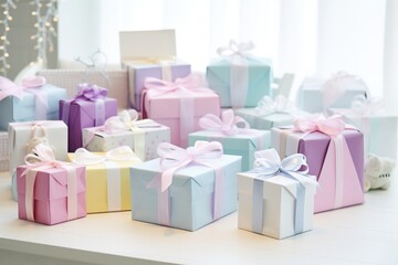 a group of baby shower gifts wrapped in pastel papers