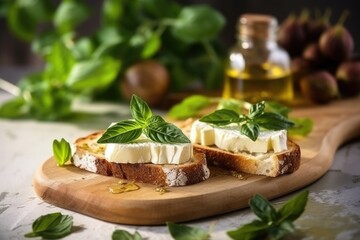 composition of fig and cheese bruschetta with a blurred background of green fig leaves