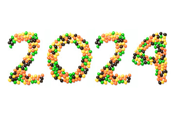 Calendar header number 2024 made of multi-colored candies on a white background. Happy New Year 2024 colorful background.