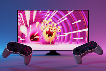 Realistic black joystick for a video game controller in front of a monitor with a computer game on which a cheerful monster runs along the corridor on a black background. 