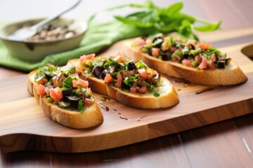 three olive bruschettas on a bamboo serving board