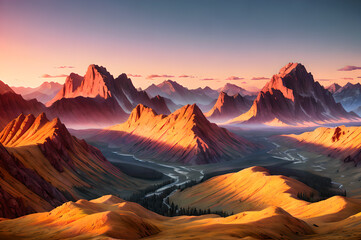  Desert mountains landscape, sunset over the mountains and river, atmospheric and epic nature, Generative AI