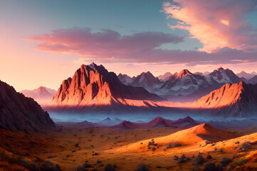 Naklejka premium Desert mountains landscape, sunset over the mountains and river, atmospheric and epic nature, Generative AI