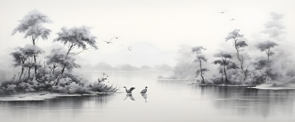 wallpaper vintage chinese landscape drawing of lake with birds trees and fog in black and white design for wallpaper, wall art, print, fresco, mural - obrazy, fototapety, plakaty