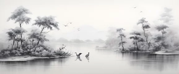 Deurstickers wallpaper vintage chinese landscape drawing of lake with birds trees and fog in black and white design for wallpaper, wall art, print, fresco, mural © sam