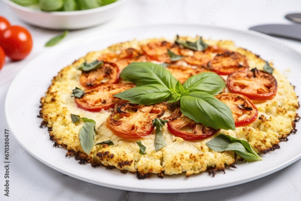 Sticker cauliflower pizza, whole, on a white plate