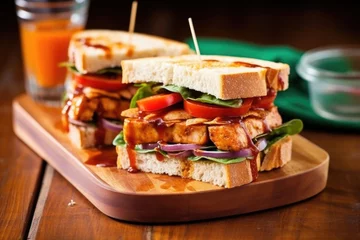 Selbstklebende Fototapeten sliced barbecue sausage sandwich with garnishes on a wooden platter © altitudevisual