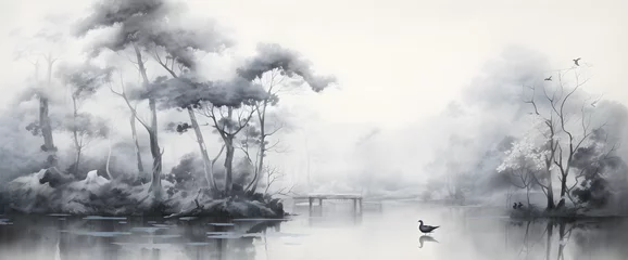Papier Peint photo Blanche wallpaper vintage chinese landscape drawing of lake with birds trees and fog in black and white design for wallpaper, wall art, print, fresco, mural