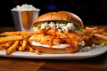 buffalo chicken sandwich served with saddle of fries