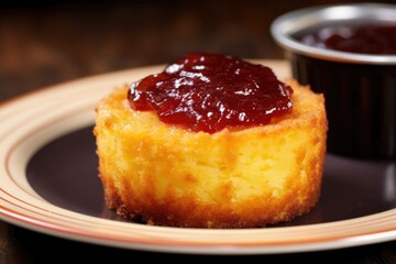 close-up of single cornbread muffin with bbq glaze