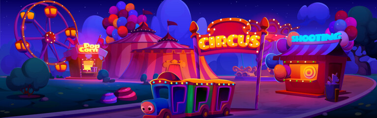 Amusement park with bright neon lights at night. Cartoon evening illustration of carnival or funfair landscape with circus tent, ferris wheel, children train and carousel, popcorn and shooting kiosk. - obrazy, fototapety, plakaty
