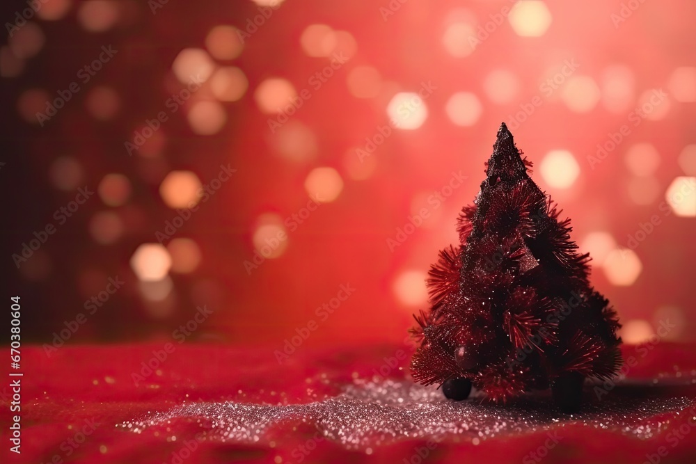Poster christmas background with xmas tree and sparkle bokeh lights on red canvas background. merry christm