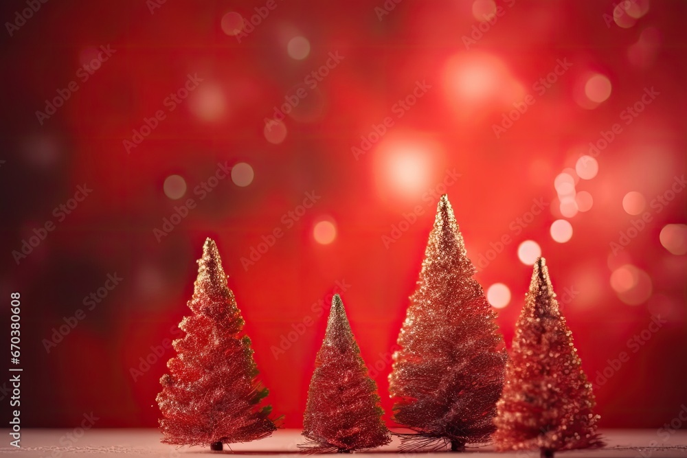 Poster christmas background with xmas tree and sparkle bokeh lights on red canvas background. merry christm