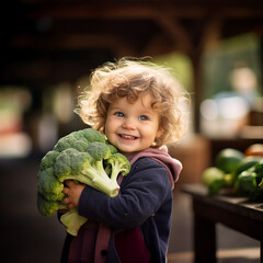 The portrait of a smiling girl in toddler age holds a fresh broccoli in her hand after picking it up from a garden shot outdoors. Generative AI.