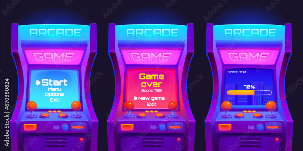 Poster retro arcade video game machine with neon lights and glowing screen, joystick controller and buttons