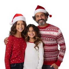 latin family in a Santa cap hat and a Christmas sweater isolated on a white transparent background