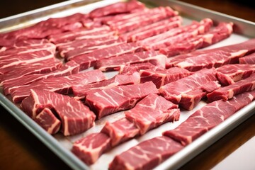 rows of beef slices arranged on a stainless steel tray