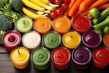 array of different colored vegetable and fruit purees