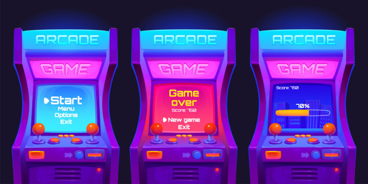 Retro arcade video game machine with neon lights and glowing screen, joystick controller and buttons, coin slot. Cartoon vector illustration set of vintage console with interface on monitor.