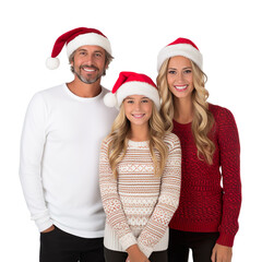 white family in a Santa cap hat and a Christmas sweater isolated on a white transparent background