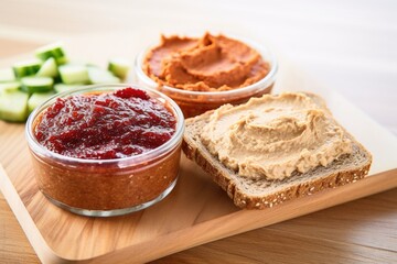 Obraz premium two pieces of sprouted grain bread with variety of spreads