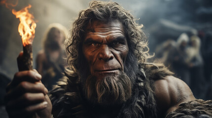 Neanderthal kindle first man-made fire in the human civilization history. - obrazy, fototapety, plakaty