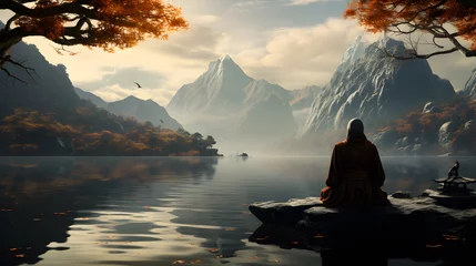 Fotobehang Meditation of a Zen / Buddhist Monk, surrounded by a traditional japanese landscape, atmospheric and moody landscape, pensive stillness within a mystic landscape. © martesign