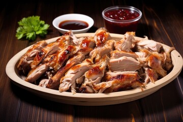 silver platter of shiny pulled pork dipped in vinegar sauce