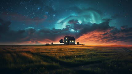 landscape panorama lonely house cottage under the starry sky. - obrazy, fototapety, plakaty