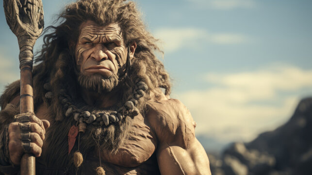 Human Sapiens anthropology science and theory of Evolution. Neanderthal man with spear. 