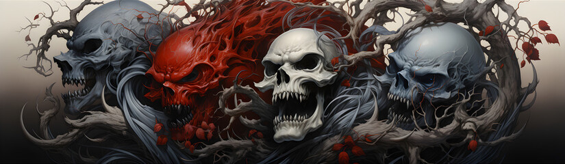 Scary Skulls Among The Thorny Bushes. Illustration On The Theme Of Hell And Horror. Generative AI	

