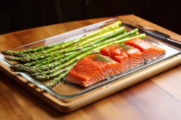 cedar plank smoked salmon with asparagus on serving tray