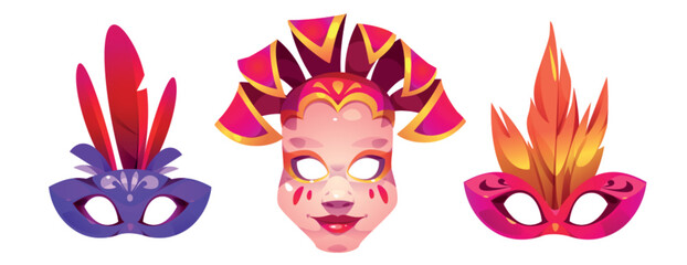 Carnival masks set isolated on white background. Vector cartoon illustration of masquerade costume elements for face decorated with colorful feather, Venice festival show, Italian traditional art
