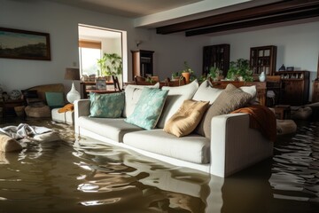 flooded living room due to heavy rain