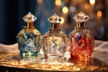 Obraz na płótnie Canvas extravagant perfume bottles under spotlights